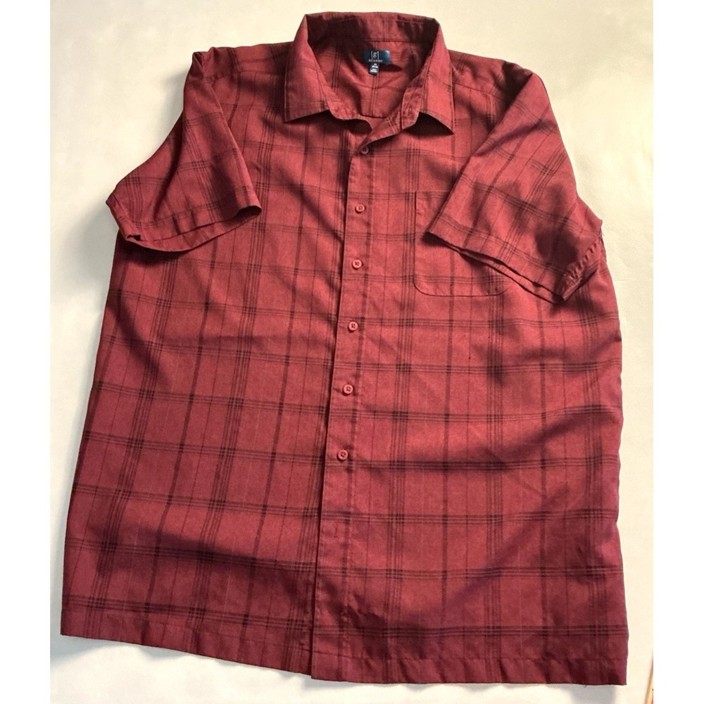 George Men's 2XL Burgundy Plaid Button Front Shirt Short Sleeve Pocket Casual